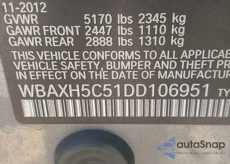 2013 BMW 528I xDrive from USA, damaged, VIN WBAXH5C51DD106951